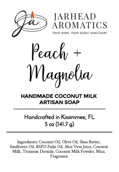 Label for Peach + Magnolia Handmade Coconut Milk Artisan Soap | Juicy Peach & Floral Magnolia Soap by Jarhead Aromatics, handcrafted in Kissimmee, FL. Made with premium ingredients such as coconut oil, shea butter, and fragrance. Net weight: 5 oz (141.7 g).