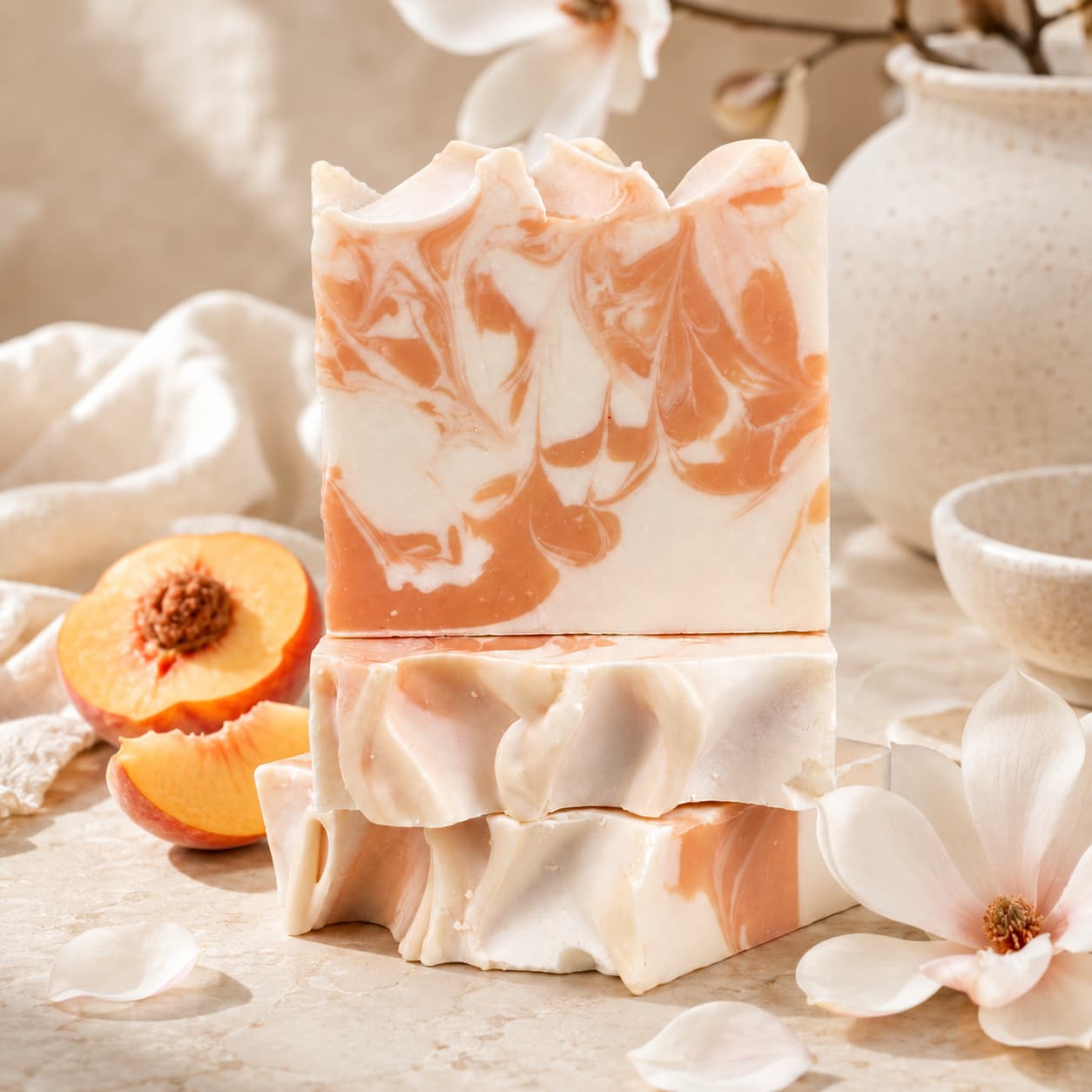 Jarhead Aromatics’ Peach + Magnolia Handmade Coconut Milk Artisan Soap bars, with their swirled juicy peach and floral magnolia design, are stacked beside fresh peach halves and magnolia blooms, complemented by a white vase and soft fabric in the background.