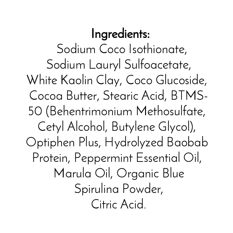 The Jarhead Aromatics Peppermint Handmade Shampoo & Conditioner Bar lists ingredients like sodium coco isothionate, kaolin clay, cocoa butter, baobab protein, peppermint oil, and marula oil in black text on a white background—ideal for zero-waste hair care.