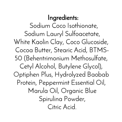 The Jarhead Aromatics Peppermint Handmade Shampoo & Conditioner Bar lists ingredients like sodium coco isothionate, kaolin clay, cocoa butter, baobab protein, peppermint oil, and marula oil in black text on a white background—ideal for zero-waste hair care.