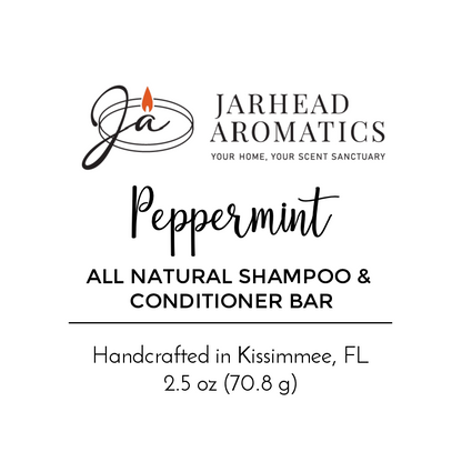 Jarhead Aromatics Peppermint Handmade Shampoo & Conditioner Bar—All Natural, 2.5 oz (70.8 g), crafted in Kissimmee, FL. The logo shows a candle flame above a stylized "Ja." Embrace zero-waste hair care with this handmade bar.
