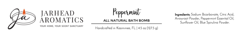 The Jarhead Aromatics Peppermint Bath Bomb - All Natural (4.5 oz) blends sodium bicarbonate, citric acid, arrowroot powder, peppermint oil, sunflower oil, and blue spirulina for a naturally refreshing bath experience.