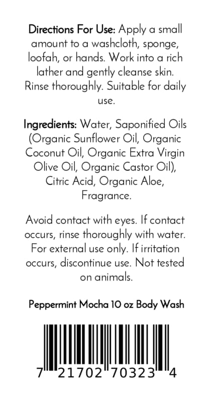 Label for Jarhead Aromatics Peppermint Mocha Handmade Body Wash featuring directions, ingredients, and safety warnings above a barcode.