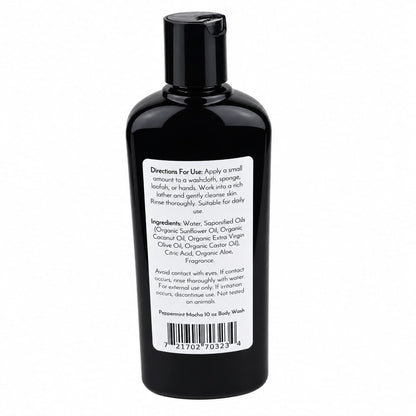 Black plastic bottle of Jarhead Aromatics Peppermint Mocha Handmade Body Wash showing the product label with directions, ingredients, and a barcode on the back.
