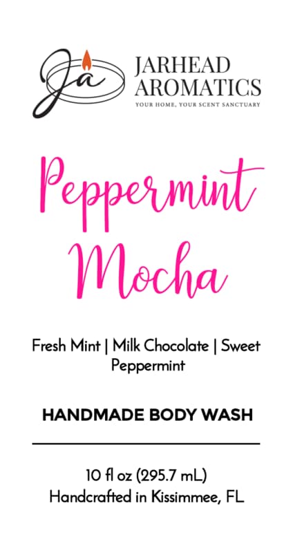 A 10 fluid ounce container of Peppermint Mocha Handmade Body Wash with aromatic notes of fresh mint, rich milk chocolate, and sweet peppermint.