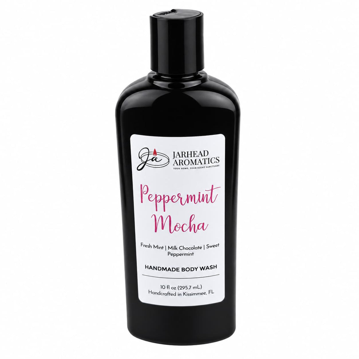 A black bottle of Jarhead Aromatics Peppermint Mocha Handmade Body Wash with a white label listing scent notes of fresh mint, milk chocolate, and sweet peppermint.