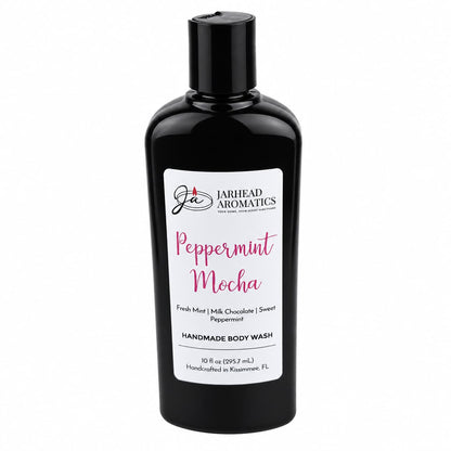 A black bottle of Jarhead Aromatics Peppermint Mocha Handmade Body Wash with a white label listing scent notes of fresh mint, milk chocolate, and sweet peppermint.