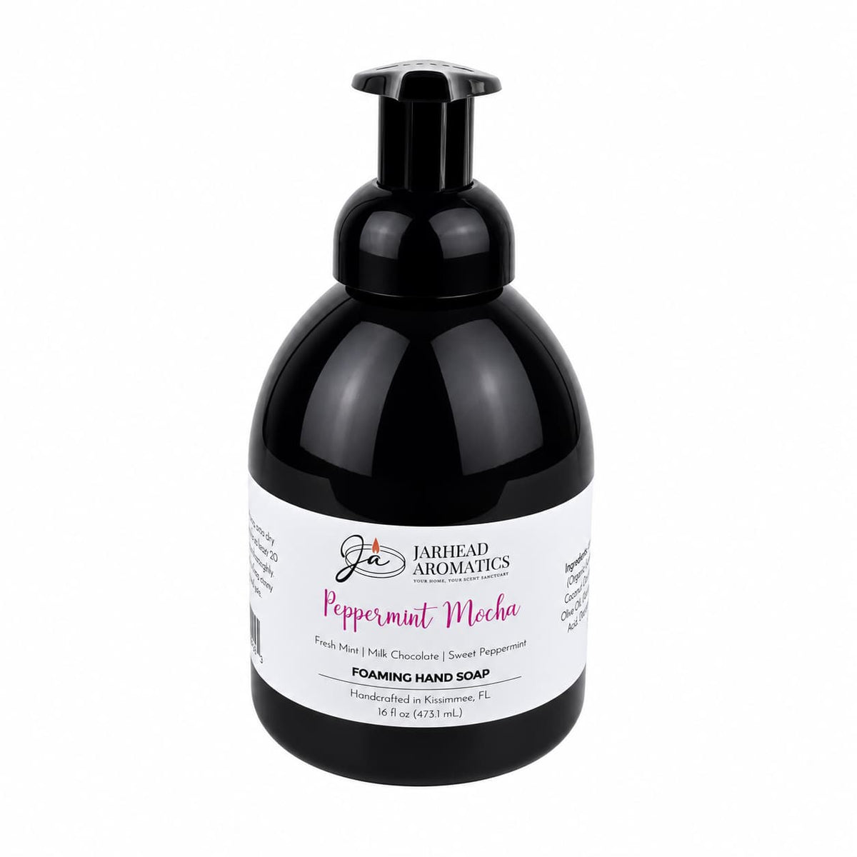 A black bottle of Jarhead Aromatics Peppermint Mocha Handmade Foaming Hand Soap with a pump dispenser and a white label.