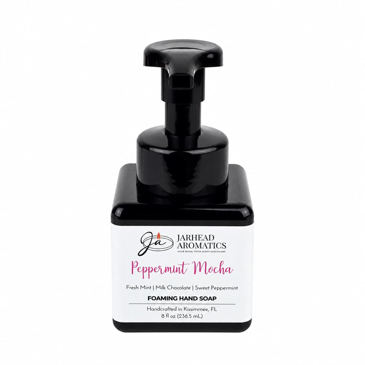 Square bottle of Jarhead Aromatics Peppermint Mocha Handmade Foaming Hand Soap | Chocolate Mint & Vanilla with a black pump dispenser and a label reading Fresh Mint | Milk Chocolate | Sweet Peppermint.