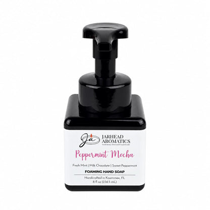 Square bottle of Jarhead Aromatics Peppermint Mocha Handmade Foaming Hand Soap | Chocolate Mint & Vanilla with a black pump dispenser and a label reading Fresh Mint | Milk Chocolate | Sweet Peppermint.