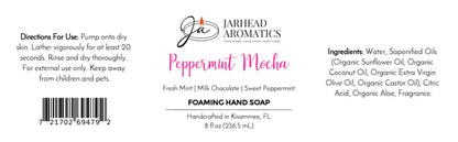 Product label for Jarhead Aromatics Peppermint Mocha Handmade Foaming Hand Soap, including directions for use, an ingredient list, and a barcode.