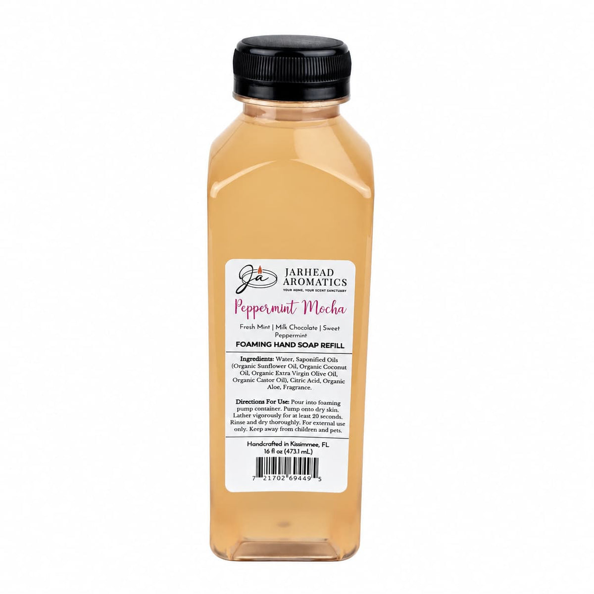 Clear plastic bottle of Jarhead Aromatics Peppermint Mocha Handmade Foaming Hand Soap | Chocolate Mint & Vanilla refill with a black cap and a label detailing the scent, ingredients, and instructions.