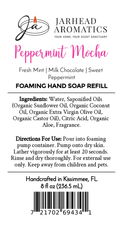 Product label for Jarhead Aromatics Peppermint Mocha Handmade Foaming Hand Soap, including ingredients, usage directions, net volume, and a barcode for this holiday hand wash.