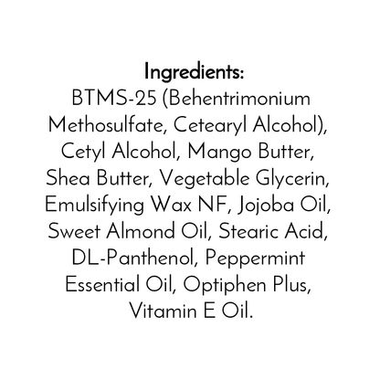 On a white background, black text lists the ingredients for Jarhead Aromatics Peppermint Handmade Natural Conditioner Bar: BTMS-25, mango butter, shea butter, jojoba oil, sweet almond oil, peppermint oil, vitamin E oil, and more.