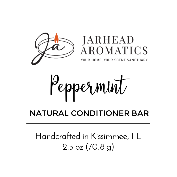 White product label for Jarhead Aromatics displays the Peppermint Handmade Natural Conditioner Bar, handcrafted in Kissimmee, FL, 2.5 oz (70.8 g). Logo includes a stylized "Ja" and a small orange flame.