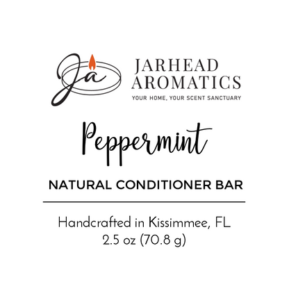 White product label for Jarhead Aromatics displays the Peppermint Handmade Natural Conditioner Bar, handcrafted in Kissimmee, FL, 2.5 oz (70.8 g). Logo includes a stylized "Ja" and a small orange flame.