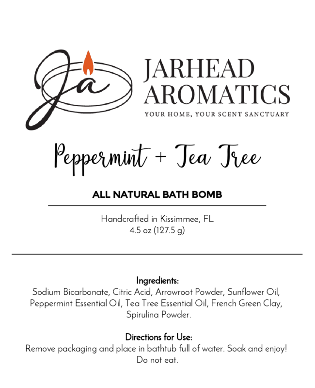 The Jarhead Aromatics label promotes their 4.5 oz Peppermint + Tea Tree Bath Bomb - All Natural, handmade in Kissimmee, FL, using ingredients like sodium bicarbonate and peppermint oil. Detailed directions for optimal use are included.