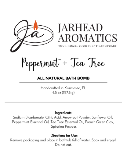 The Jarhead Aromatics label promotes their 4.5 oz Peppermint + Tea Tree Bath Bomb - All Natural, handmade in Kissimmee, FL, using ingredients like sodium bicarbonate and peppermint oil. Detailed directions for optimal use are included.