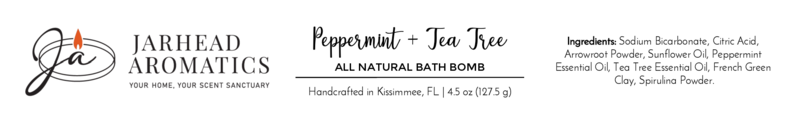 Product label for Jarhead Aromatics Peppermint + Tea Tree Bath Bomb - All Natural, featuring natural ingredients and the company logo with a candle flame over stylized Ja. Net wt. 4.5 oz (127.5 g).