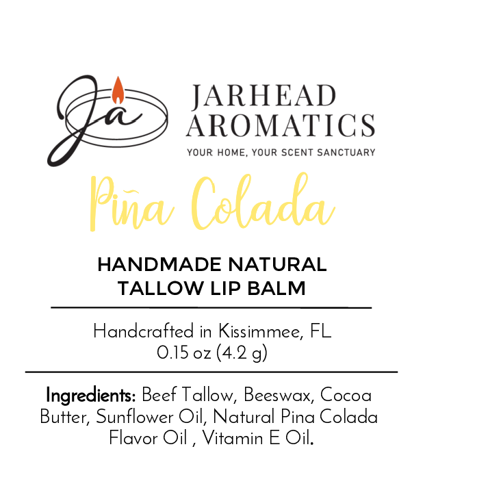 Jarhead Aromatics Tallow Handmade Natural Lip Balm - Assorted Flavors label features the brand logo, product name, details, ingredients (grass-fed beef tallow, beeswax, cocoa butter, sunflower oil, flavor oil, vitamin E), and 4.2 g weight.