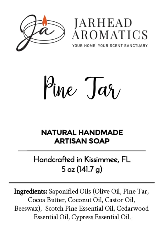 Jarhead Aromatics Pine Tar Handmade Natural Artisan Soap | Smoky Pine & Cedarwood Soap, 5 oz (141.7g), handcrafted in Kissimmee, FL. This soap is made with premium ingredients—nourishing oils, pine tar, cocoa butter, beeswax, and pure essential oils—for a truly unique cleansing experience.
