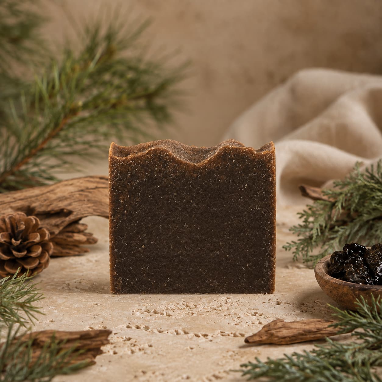 A bar of Jarhead Aromatics Pine Tar Handmade Natural Artisan Soap stands upright on a beige surface, surrounded by pine branches, pinecones, driftwood, and a small bowl of dried berries, creating a rustic and natural setting that highlights its smoky pine and cedarwood scent.