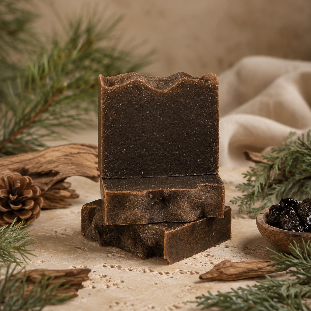 Pine Tar Handmade Natural Artisan Soap bars by Jarhead Aromatics, with a rustic brown hue, are stacked on a textured surface amidst pine branches, a pine cone, a small wooden bowl filled with dark dried berries, and pieces of wood—creating an earthy and natural setting that highlights the soap’s smoky pine and cedarwood aroma.