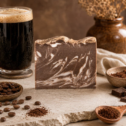 A bar of Porter + Coffee Handmade Craft Beer Artisan Soap by Jarhead Aromatics rests on a stone surface, accompanied by coffee beans, ground coffee, a wooden spoon, a glass of dark coffee, and a brown vase filled with dried flowers.