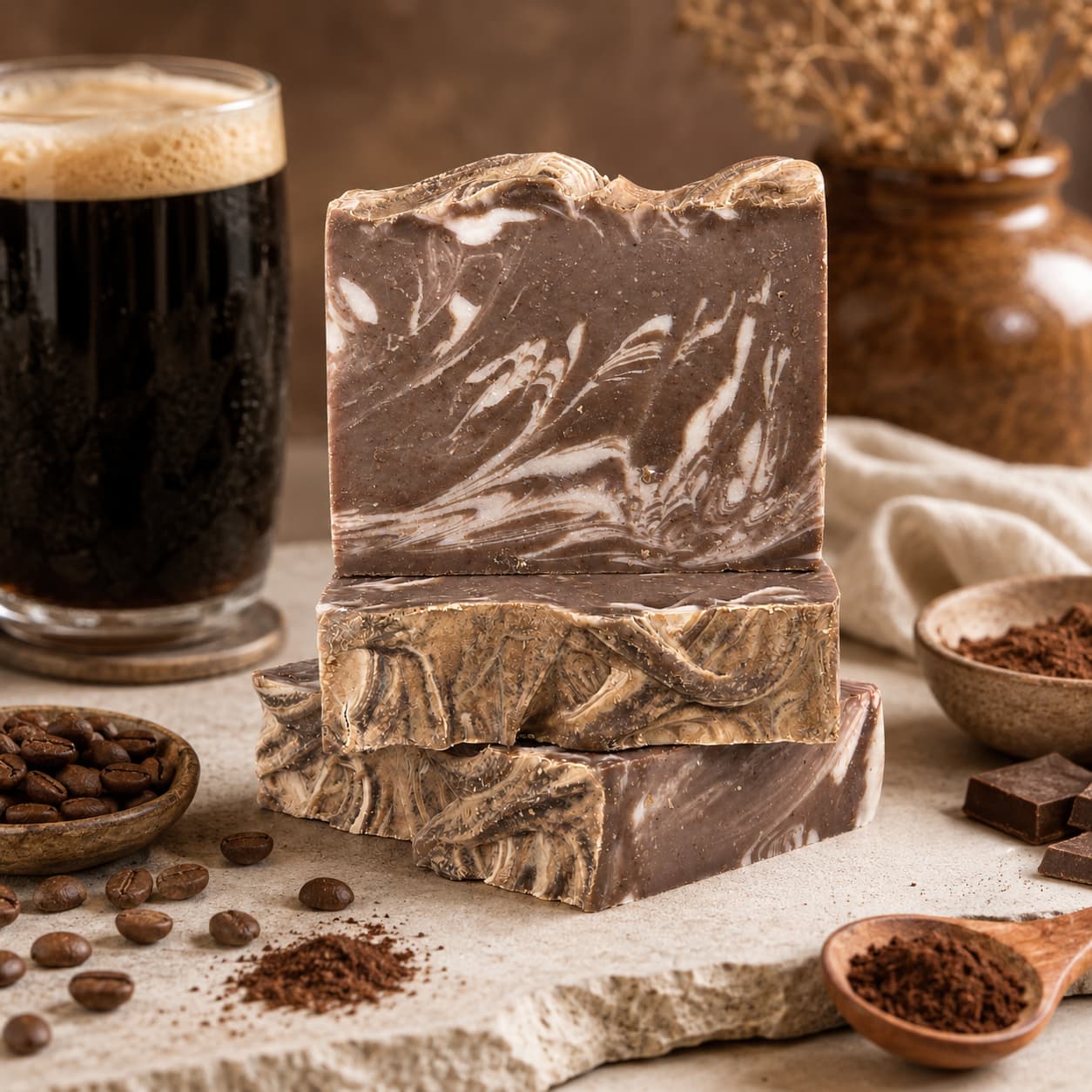 Three marbled brown bars of Jarhead Aromatics’ Porter + Coffee Handmade Craft Beer Artisan Soap are stacked on a stone surface, surrounded by coffee beans, ground coffee, chocolate pieces, and a glass of dark beverage. Dried flowers and a ceramic vase decorate the background. Inspired by the bold aromas of roasted coffee and cocoa, these exfoliating artisan soaps blend the richness of craft beer with invigorating coffee scents—ideal for anyone who loves luxurious handmade skincare with a unique twist.