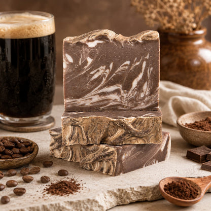 Three marbled brown bars of Jarhead Aromatics’ Porter + Coffee Handmade Craft Beer Artisan Soap are stacked on a stone surface, surrounded by coffee beans, ground coffee, chocolate pieces, and a glass of dark beverage. Dried flowers and a ceramic vase decorate the background. Inspired by the bold aromas of roasted coffee and cocoa, these exfoliating artisan soaps blend the richness of craft beer with invigorating coffee scents—ideal for anyone who loves luxurious handmade skincare with a unique twist.