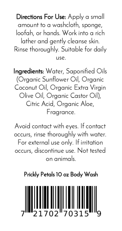 Label for Jarhead Aromatics Prickly Petals Handmade Body Wash, 10 oz. Features organic aloe, plant-based oils, water, citric acid & fragrance. Directions, ingredients, caution & barcode included. Not tested on animals. Enjoy this cactus flower moisturizing formula!.