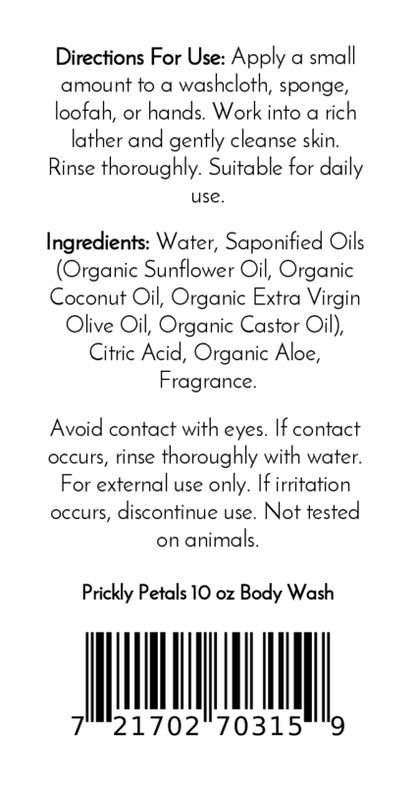 Label for Jarhead Aromatics Prickly Petals Handmade Body Wash, 10 oz. Features organic aloe, plant-based oils, water, citric acid & fragrance. Directions, ingredients, caution & barcode included. Not tested on animals. Enjoy this cactus flower moisturizing formula!.
