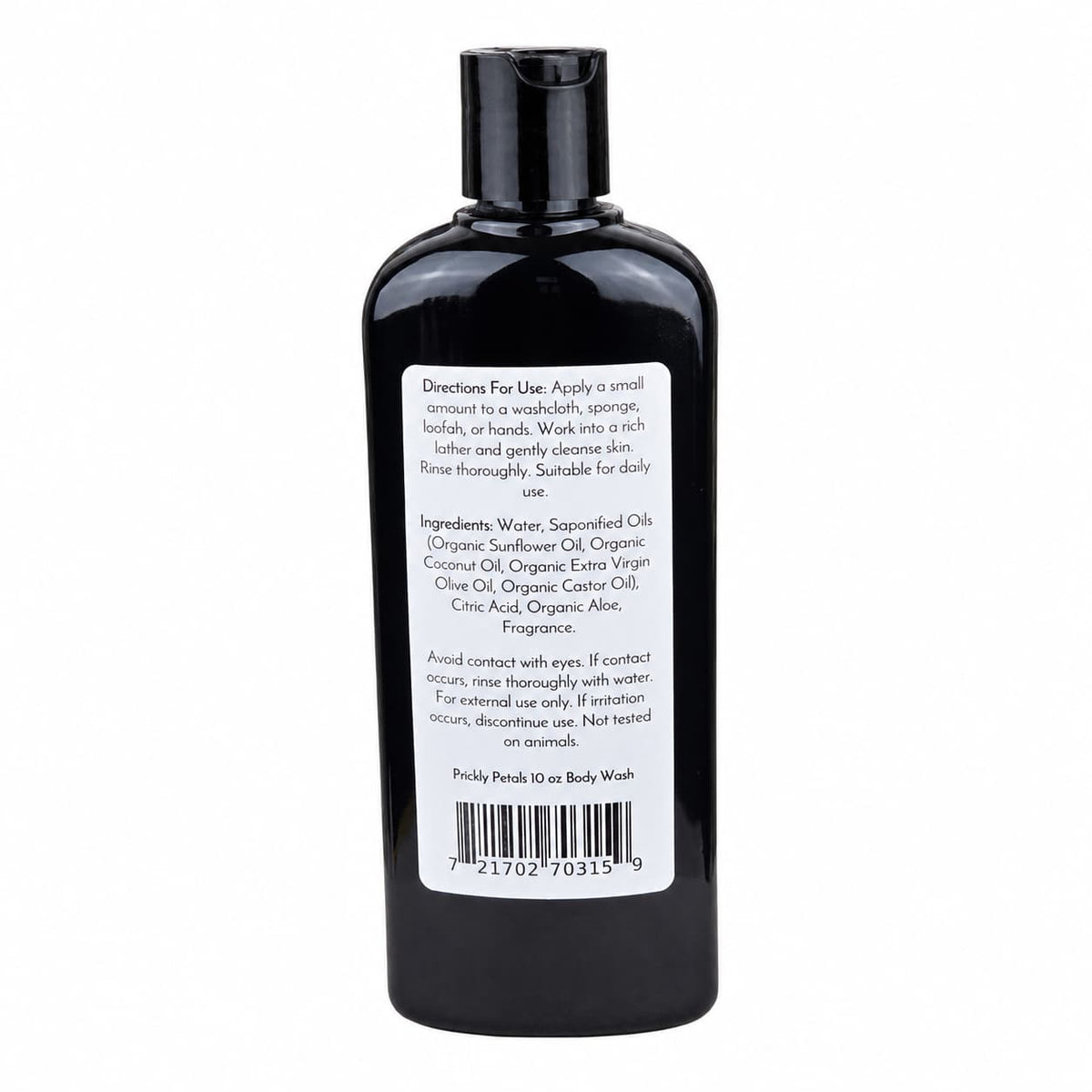 Black plastic bottle with a flip cap, featuring a white label displaying directions for use, ingredients, and cautions for Jarhead Aromatics' Prickly Petals Handmade Body Wash—a moisturizing body wash with organic aloe and plant-based oils. The cactus flower body wash includes a barcode at the bottom of the label.