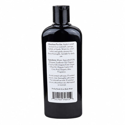 Black plastic bottle with a flip cap, featuring a white label displaying directions for use, ingredients, and cautions for Jarhead Aromatics' Prickly Petals Handmade Body Wash—a moisturizing body wash with organic aloe and plant-based oils. The cactus flower body wash includes a barcode at the bottom of the label.