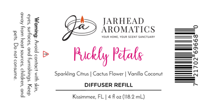 White label for Jarhead Aromatics Prickly Petals Diffuser Refill—Cactus Flower, Citrus & Sandalwood. Includes warning, scent notes, barcode, and Kissimmee, FL location for your home fragrance needs.