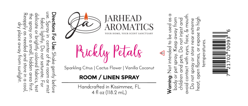 White label for Jarhead Aromatics Prickly Petals Room & Linen Spray | Cactus Flower & Sandalwood Home Fragrance Spray, includes usage directions, warning, and barcode.
