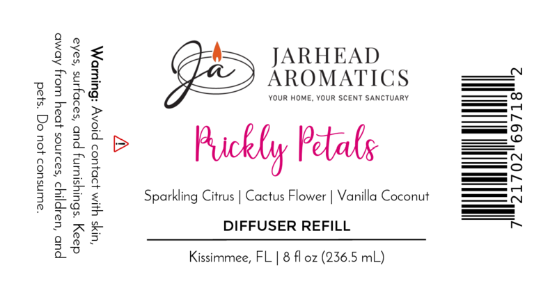 Jarhead Aromatics Prickly Petals Diffuser Refill infuses your home with cactus flower, citrus & sandalwood. Avoid skin contact; keep away from children, pets, and heat sources.