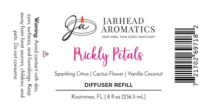 Jarhead Aromatics Prickly Petals Diffuser Refill infuses your home with cactus flower, citrus & sandalwood. Avoid skin contact; keep away from children, pets, and heat sources.