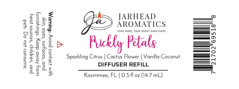 Label for Jarhead Aromatics Prickly Petals Cold Air Diffuser Refill, Cactus Flower & Coconut, 0.5 fl oz, Kissimmee, FL. Luxurious diffuser oil with sparkling citrus, cactus flower & vanilla coconut. Avoid contact with skin and eyes.