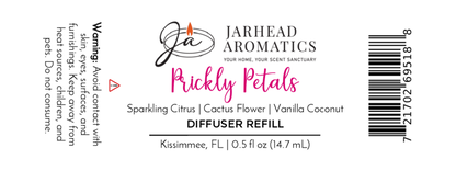 Label for Jarhead Aromatics Prickly Petals Cold Air Diffuser Refill, Cactus Flower & Coconut, 0.5 fl oz, Kissimmee, FL. Luxurious diffuser oil with sparkling citrus, cactus flower & vanilla coconut. Avoid contact with skin and eyes.