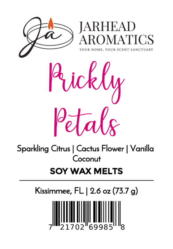 Jarhead Aromatics Prickly Petals Soy Wax Melt | Cactus Flower & Coconut: Enjoy a desert-inspired blend of citrus, cactus flower, vanilla, and coconut. Hand-poured in Kissimmee, FL. Net wt 2.6 oz (73.7 g). Includes barcode and stylized logo.