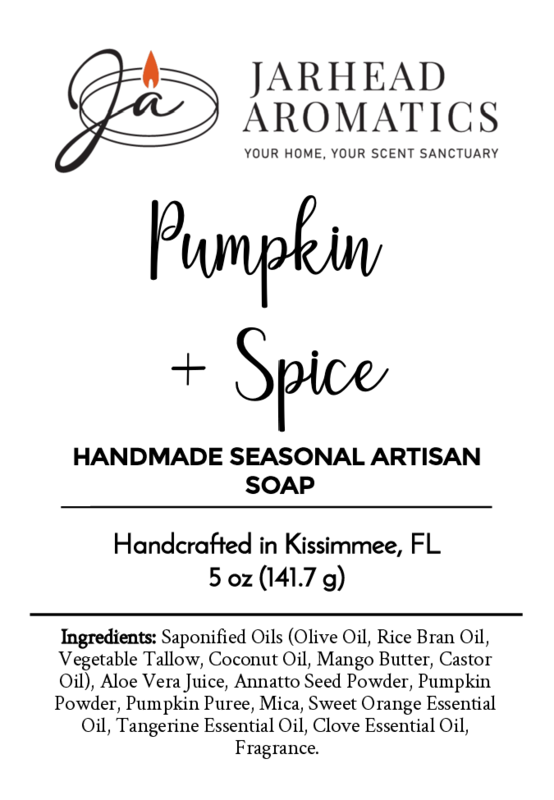 Jarhead Aromatics Pumpkin + Spice Handmade Seasonal Artisan Soap, crafted in Kissimmee, FL with oils, seed powders, real pumpkin, spices, clays, mica & essential oils for a warm seasonal touch. Cold process artisan soap.