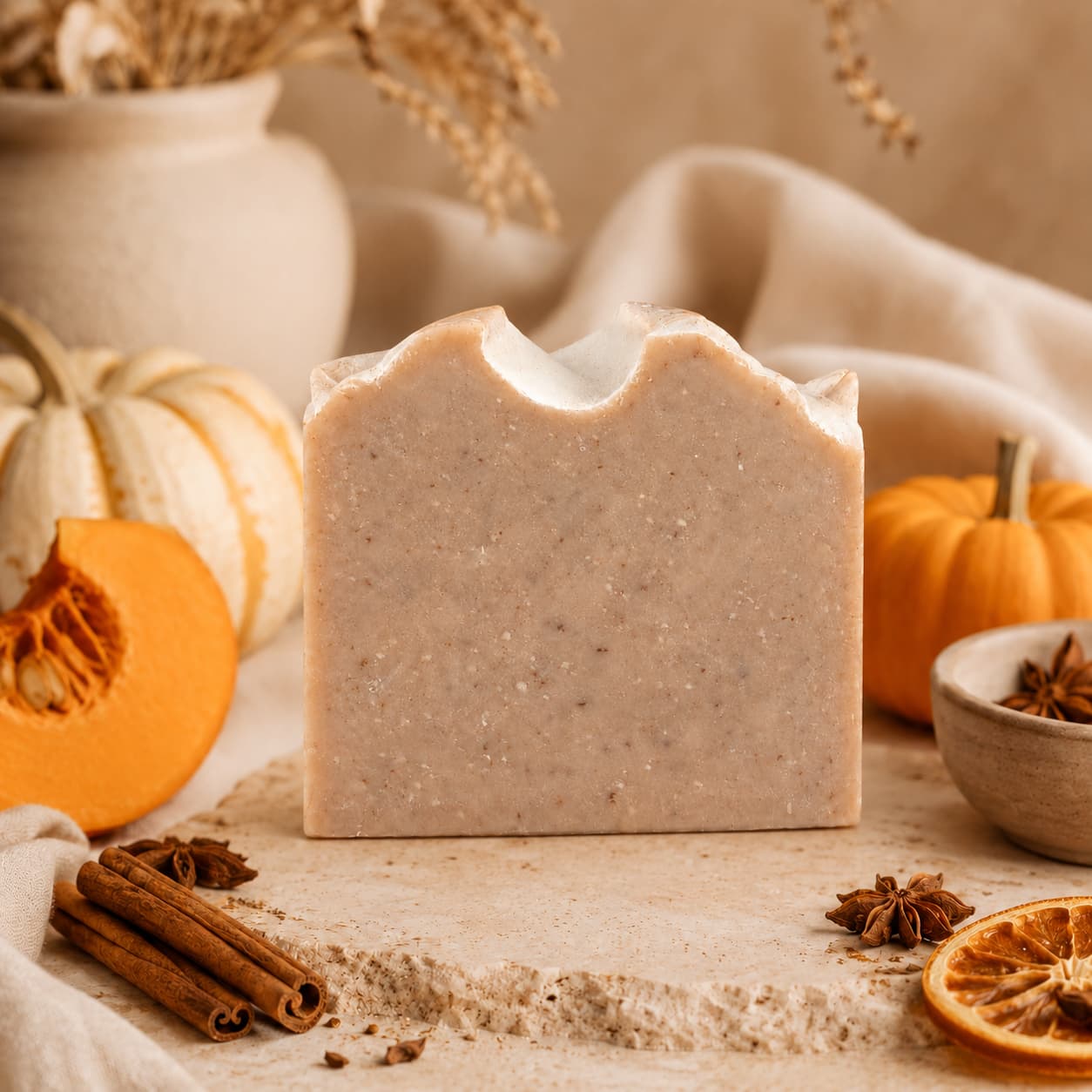 A bar of Pumpkin + Spice Handmade Artisan Soap by Jarhead Aromatics rests on a stone surface, surrounded by pumpkins, cinnamon sticks, star anise, and neutral pottery, creating a cozy autumn ambiance with its inviting spiced pumpkin exfoliating scent.