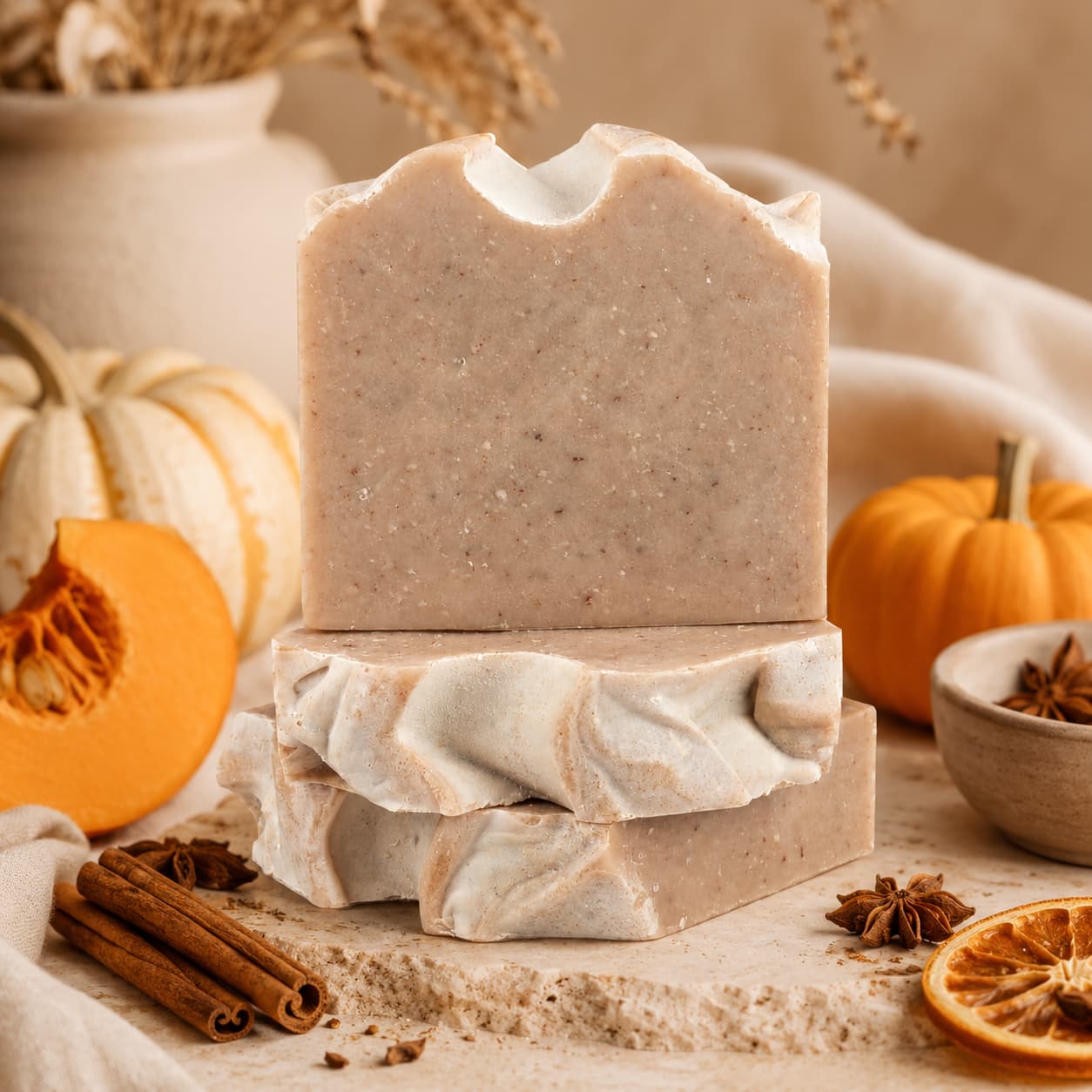 Two Pumpkin + Spice Handmade Artisan Soaps by Jarhead Aromatics are stacked on a beige surface, surrounded by pumpkins, cinnamon sticks, dried orange slices, and star anise. Soft neutral fabric and rustic décor create a cozy autumn setting that highlights the warm fragrance of this spiced pumpkin exfoliating soap.