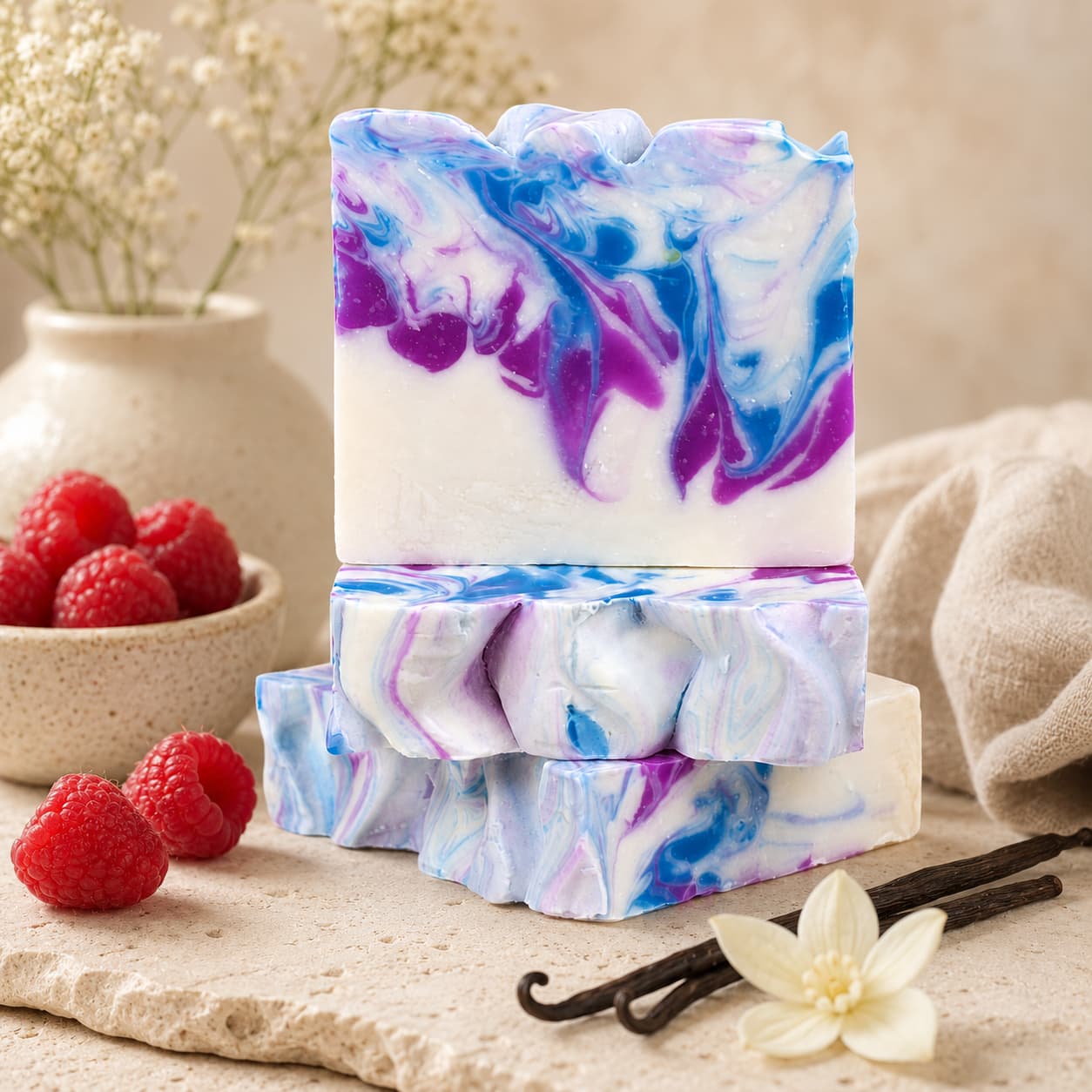 Three vibrant Raspberry + Vanilla Handmade Coconut Milk Artisan Soap bars from Jarhead Aromatics, featuring blue and purple marbled swirls, are stacked on a stone surface alongside fresh raspberries, a beige vase with white flowers, a vanilla bean, and a cream-colored cloth. Handcrafted with nourishing coconut milk, this luxurious artisan soap offers an indulgent touch.