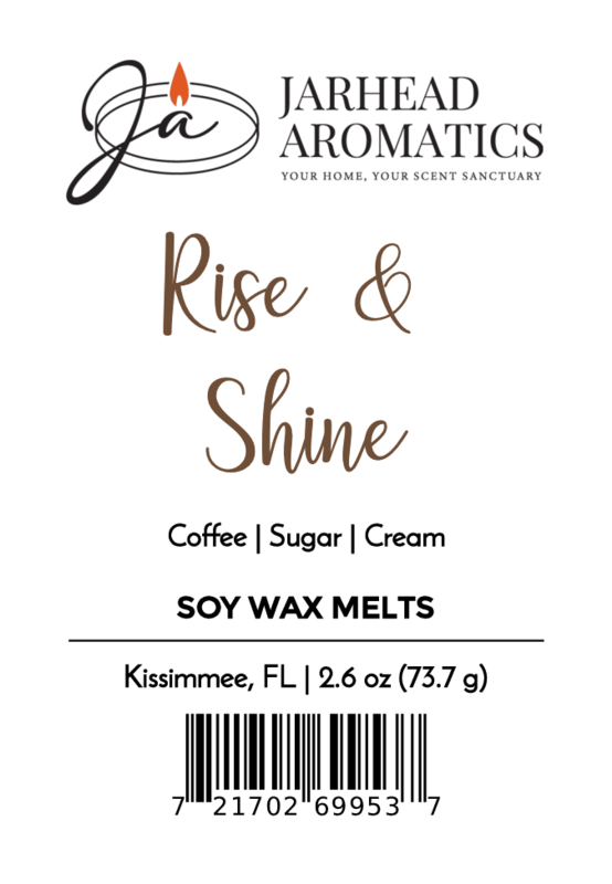Jarhead Aromatics Rise & Shine Soy Wax Melt | Fresh Coffee & Cream scent, 2.6 oz (73.7 g). Includes barcode. Made in Kissimmee, FL.