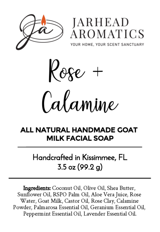 Label for Jarhead Aromatics Rose + Calamine Handmade Goat Milk Facial Soap - All Natural, featuring nourishing oils and botanicals. Handcrafted in Kissimmee, FL, 3.5 oz, with rose water and essential oils. Logo positioned at the top left.