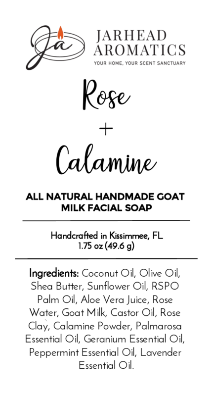 Label for Jarhead Aromatics Rose + Calamine Handmade Goat Milk Facial Soap, 1.75 oz. Crafted in Kissimmee, FL with coconut oil, olive oil, shea butter, sunflower oil, goat milk, rose water, and essential oils for a refreshing cleanse using natural botanicals.