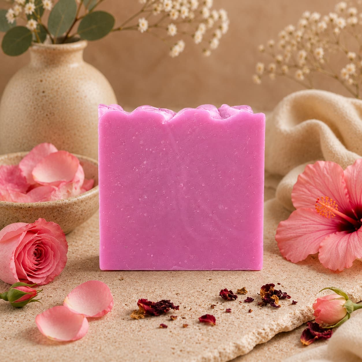 A bar of Jarhead Aromatics’ Rose + Hibiscus Handmade Coconut Milk Artisan Soap stands upright on a textured surface, surrounded by rose petals, dried flowers, and beige vases filled with blooms, creating a soft and elegant atmosphere that highlights its romantic rose and tropical floral scent.