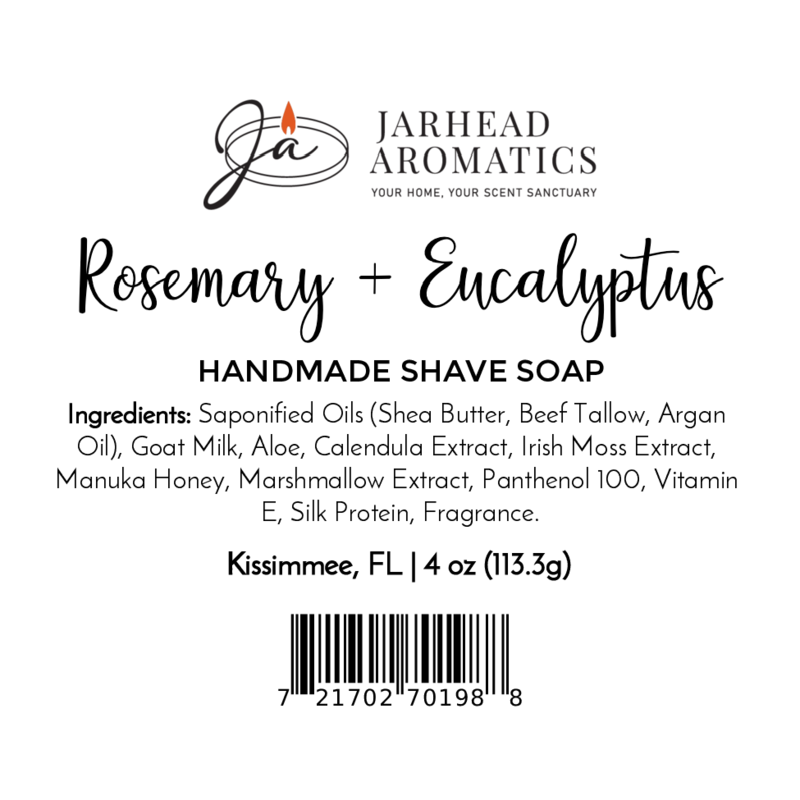 Label for Rosemary + Eucalyptus Handmade Shave Soap | Natural Tallow & Goat Milk by Jarhead Aromatics. Includes ingredients, Kissimmee, FL address, barcode below. Artisan shave soap label with black text on white background.